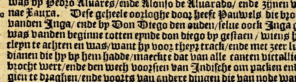 An illustration from Conqueste van Indien. : De wonderlijcke ende warachtighe historie vant coninckrijck van Peru, gheleghen in Indien, inde welcke verhaelt wordt de gelegentheydt, costuymen, manieren van leuen, ouervloedicheyt des gouts ende siluers, ende voorts alle de sonderlingste dinghen vanden seluen lande. Insgelijcks vanden steden, plaetsen ende inwoonders desselfs coninckrijcx, daer beneue[n] hoet gevonden ende eerst by de keyserlijcke mayesteyt hoochloflijcker memorien gheconquesteert ende vercreghen is, met alle de oorlogen ende strijden die ghebuert [sic] zijn, soo teghens d'Indianen als oock om tgoevernement d'een teghens den anderen, 1596, leaf 116