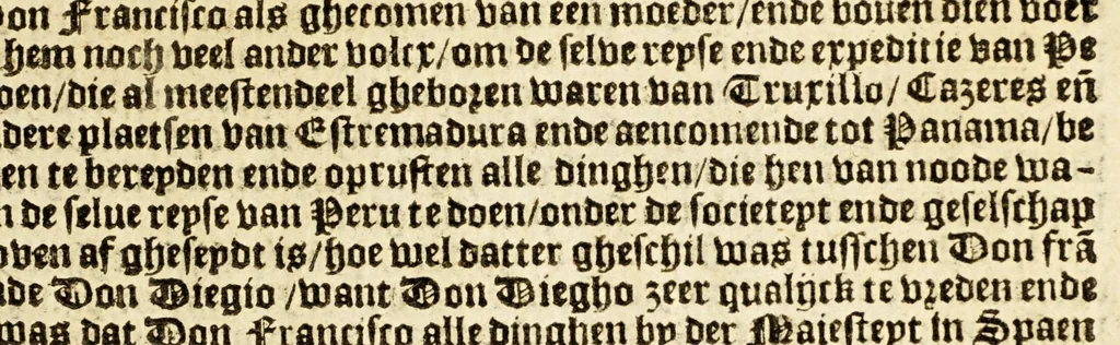 An illustration from Conqueste van Indien. : De wonderlijcke ende warachtighe historie vant coninckrijck van Peru, gheleghen in Indien, inde welcke verhaelt wordt de gelegentheydt, costuymen, manieren van leuen, ouervloedicheyt des gouts ende siluers, ende voorts alle de sonderlingste dinghen vanden seluen lande. Insgelijcks vanden steden, plaetsen ende inwoonders desselfs coninckrijcx, daer beneue[n] hoet gevonden ende eerst by de keyserlijcke mayesteyt hoochloflijcker memorien gheconquesteert ende vercreghen is, met alle de oorlogen ende strijden die ghebuert [sic] zijn, soo teghens d'Indianen als oock om tgoevernement d'een teghens den anderen, 1596, leaf 13