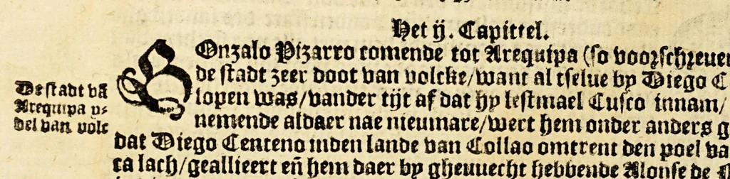 An illustration from Conqueste van Indien. : De wonderlijcke ende warachtighe historie vant coninckrijck van Peru, gheleghen in Indien, inde welcke verhaelt wordt de gelegentheydt, costuymen, manieren van leuen, ouervloedicheyt des gouts ende siluers, ende voorts alle de sonderlingste dinghen vanden seluen lande. Insgelijcks vanden steden, plaetsen ende inwoonders desselfs coninckrijcx, daer beneue[n] hoet gevonden ende eerst by de keyserlijcke mayesteyt hoochloflijcker memorien gheconquesteert ende vercreghen is, met alle de oorlogen ende strijden die ghebuert [sic] zijn, soo teghens d'Indianen als oock om tgoevernement d'een teghens den anderen, 1596, leaf 278