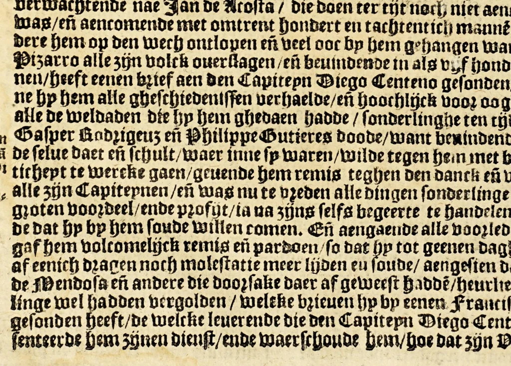 An illustration from Conqueste van Indien. : De wonderlijcke ende warachtighe historie vant coninckrijck van Peru, gheleghen in Indien, inde welcke verhaelt wordt de gelegentheydt, costuymen, manieren van leuen, ouervloedicheyt des gouts ende siluers, ende voorts alle de sonderlingste dinghen vanden seluen lande. Insgelijcks vanden steden, plaetsen ende inwoonders desselfs coninckrijcx, daer beneue[n] hoet gevonden ende eerst by de keyserlijcke mayesteyt hoochloflijcker memorien gheconquesteert ende vercreghen is, met alle de oorlogen ende strijden die ghebuert [sic] zijn, soo teghens d'Indianen als oock om tgoevernement d'een teghens den anderen, 1596, leaf 278