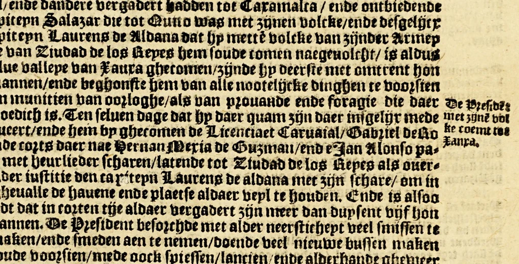 An illustration from Conqueste van Indien. : De wonderlijcke ende warachtighe historie vant coninckrijck van Peru, gheleghen in Indien, inde welcke verhaelt wordt de gelegentheydt, costuymen, manieren van leuen, ouervloedicheyt des gouts ende siluers, ende voorts alle de sonderlingste dinghen vanden seluen lande. Insgelijcks vanden steden, plaetsen ende inwoonders desselfs coninckrijcx, daer beneue[n] hoet gevonden ende eerst by de keyserlijcke mayesteyt hoochloflijcker memorien gheconquesteert ende vercreghen is, met alle de oorlogen ende strijden die ghebuert [sic] zijn, soo teghens d'Indianen als oock om tgoevernement d'een teghens den anderen, 1596, leaf 283