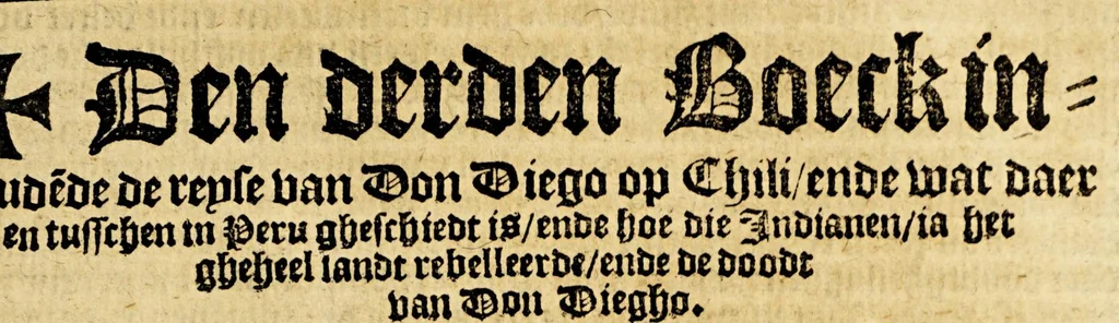An illustration from Conqueste van Indien. : De wonderlijcke ende warachtighe historie vant coninckrijck van Peru, gheleghen in Indien, inde welcke verhaelt wordt de gelegentheydt, costuymen, manieren van leuen, ouervloedicheyt des gouts ende siluers, ende voorts alle de sonderlingste dinghen vanden seluen lande. Insgelijcks vanden steden, plaetsen ende inwoonders desselfs coninckrijcx, daer beneue[n] hoet gevonden ende eerst by de keyserlijcke mayesteyt hoochloflijcker memorien gheconquesteert ende vercreghen is, met alle de oorlogen ende strijden die ghebuert [sic] zijn, soo teghens d'Indianen als oock om tgoevernement d'een teghens den anderen, 1596, leaf 69