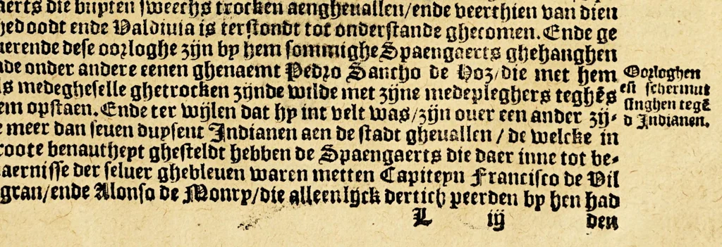 An illustration from Conqueste van Indien. : De wonderlijcke ende warachtighe historie vant coninckrijck van Peru, gheleghen in Indien, inde welcke verhaelt wordt de gelegentheydt, costuymen, manieren van leuen, ouervloedicheyt des gouts ende siluers, ende voorts alle de sonderlingste dinghen vanden seluen lande. Insgelijcks vanden steden, plaetsen ende inwoonders desselfs coninckrijcx, daer beneue[n] hoet gevonden ende eerst by de keyserlijcke mayesteyt hoochloflijcker memorien gheconquesteert ende vercreghen is, met alle de oorlogen ende strijden die ghebuert [sic] zijn, soo teghens d'Indianen als oock om tgoevernement d'een teghens den anderen, 1596, leaf 91