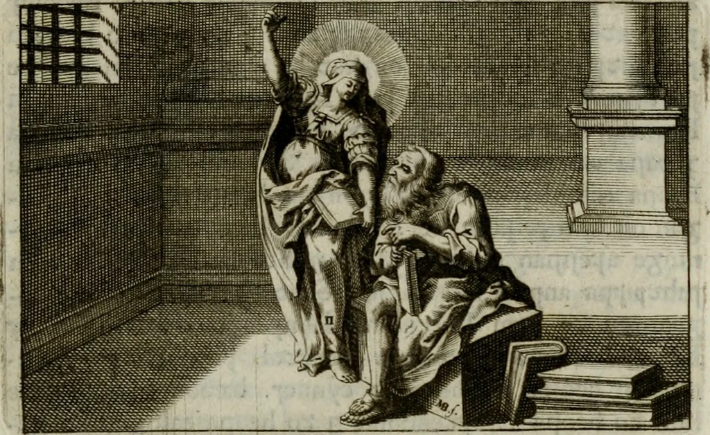 An illustration from Consolationis philsophiae libri V. Angli-Saxonice reddeti ab Alfredo, inclyto Anglo-Saxonum rege, 1698, leaf 18