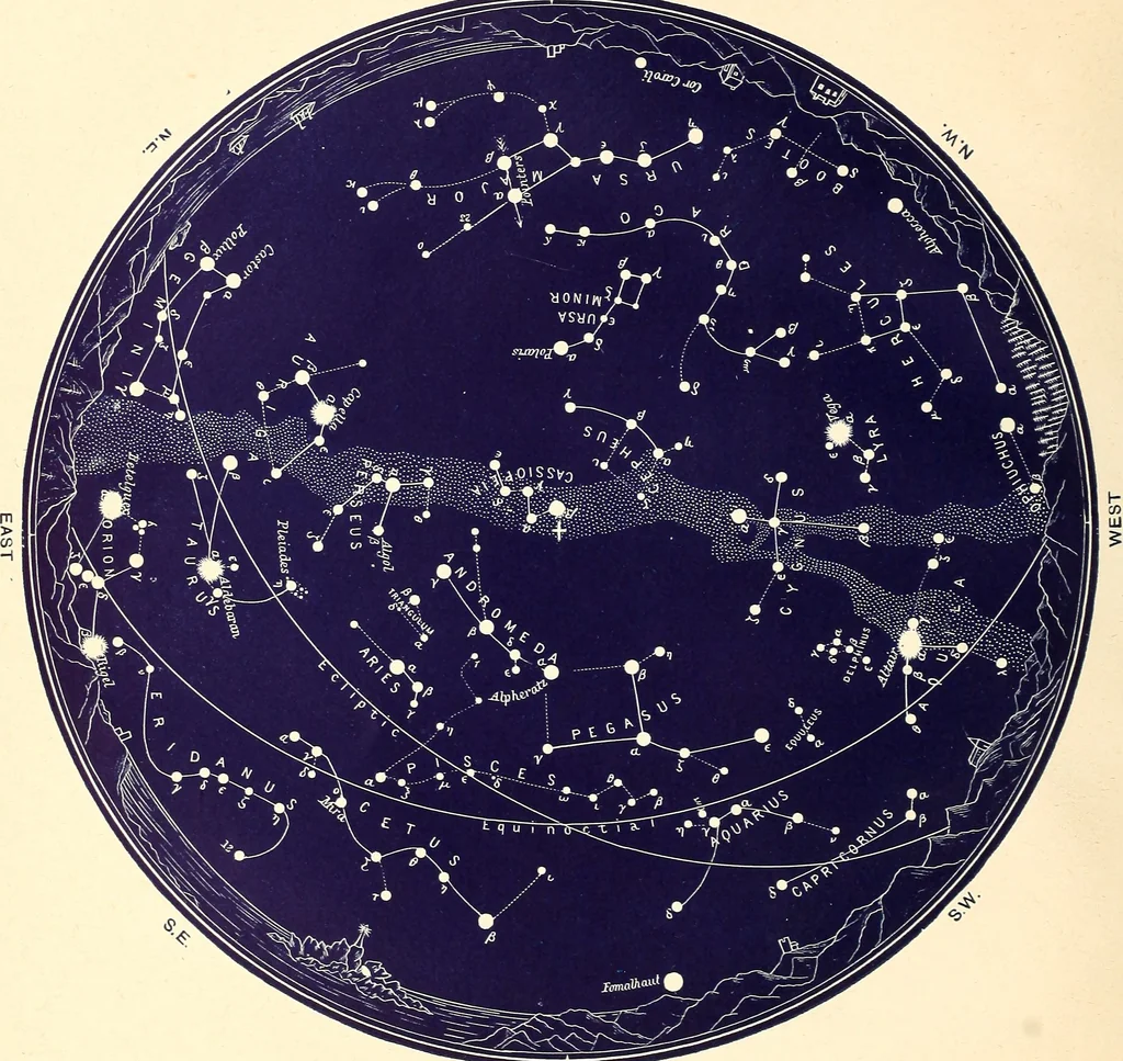 An illustration from The constellations and how to find them; 13 maps, showing the position of the constellations in the sky during each month of any year. A popular and simple guide to a knowledge of the starry heavens, with introduction, general explanations, and a separate description of each map, 1887, leaf 25
