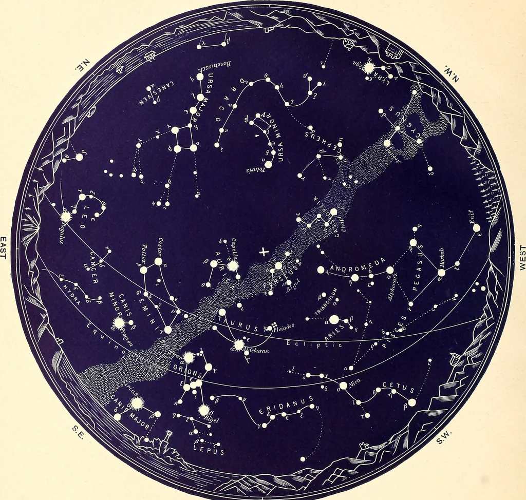 An illustration from The constellations and how to find them; 13 maps, showing the position of the constellations in the sky during each month of any year. A popular and simple guide to a knowledge of the starry heavens, with introduction, general explanations, and a separate description of each map, 1887, leaf 31