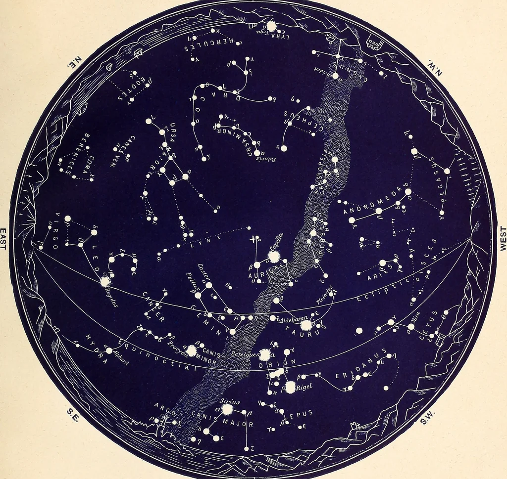 An illustration from The constellations and how to find them; 13 maps, showing the position of the constellations in the sky during each month of any year. A popular and simple guide to a knowledge of the starry heavens, with introduction, general explanations, and a separate description of each map, 1887, leaf 34