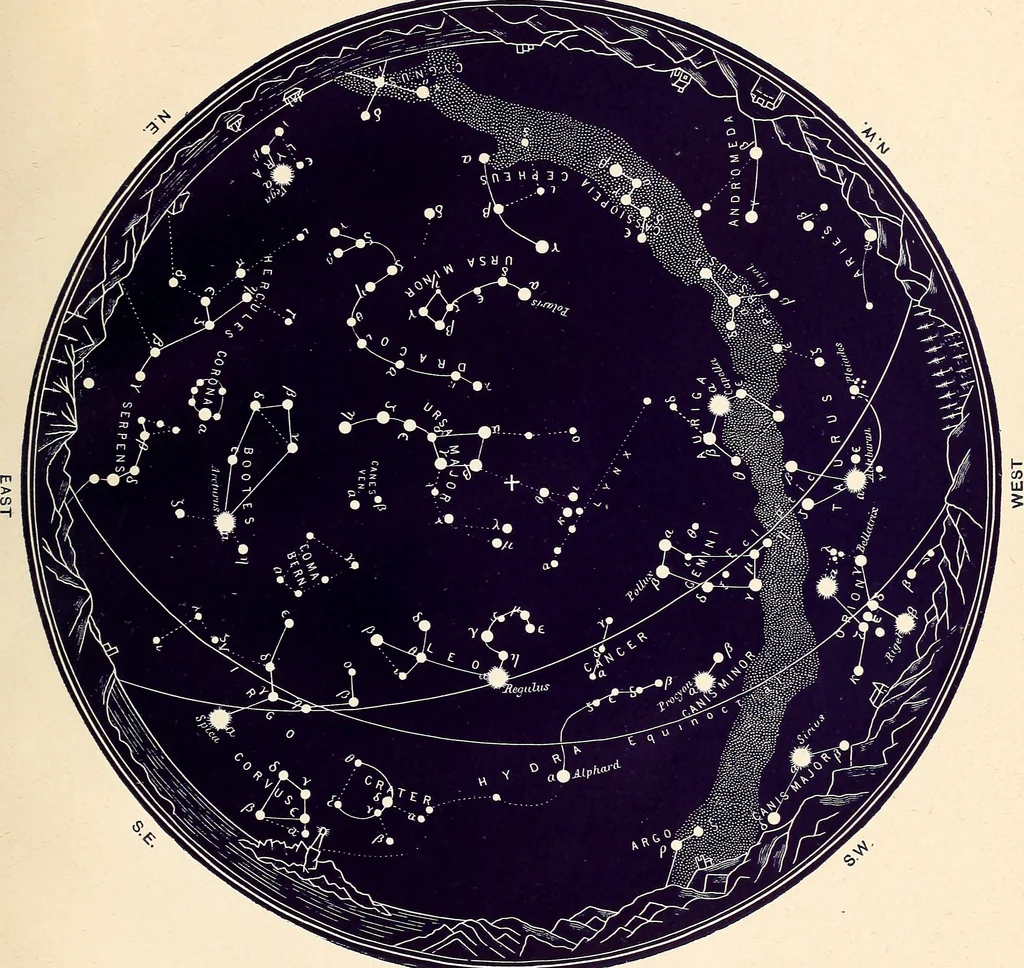 An illustration from The constellations and how to find them; 13 maps, showing the position of the constellations in the sky during each month of any year. A popular and simple guide to a knowledge of the starry heavens, with introduction, general explanations, and a separate description of each map, 1887, leaf 40