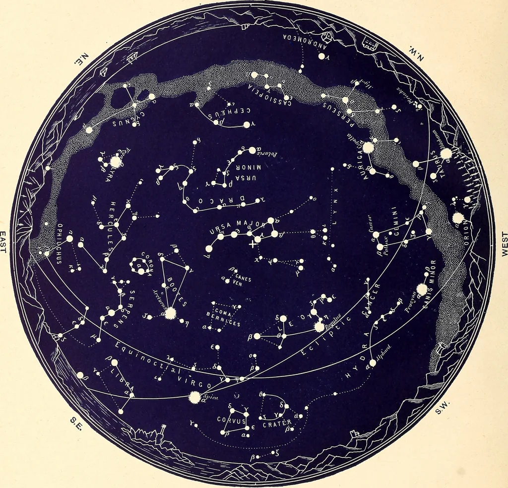 An illustration from The constellations and how to find them; 13 maps, showing the position of the constellations in the sky during each month of any year. A popular and simple guide to a knowledge of the starry heavens, with introduction, general explanations, and a separate description of each map, 1887, leaf 43
