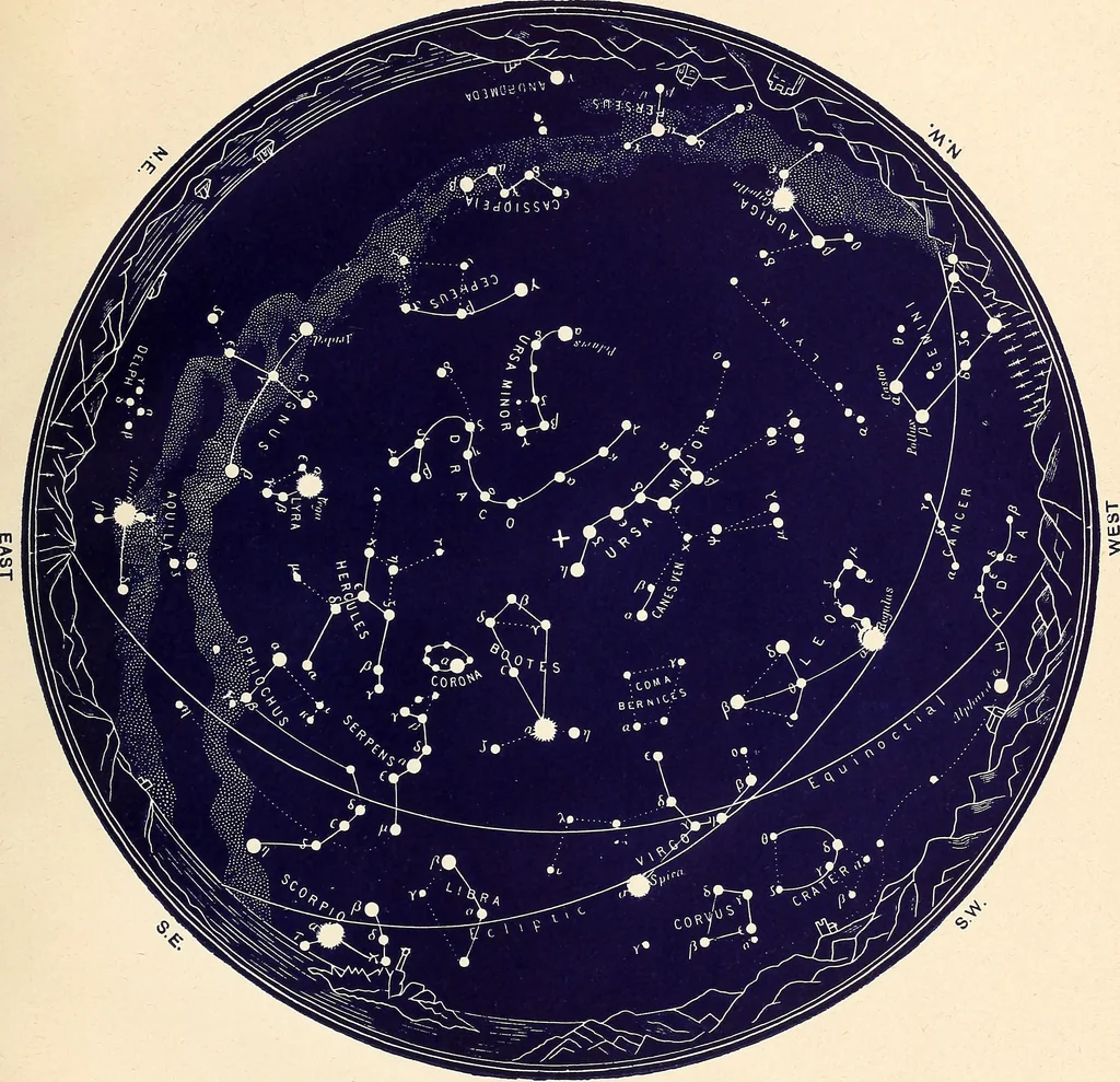 An illustration from The constellations and how to find them; 13 maps, showing the position of the constellations in the sky during each month of any year. A popular and simple guide to a knowledge of the starry heavens, with introduction, general explanations, and a separate description of each map, 1887, leaf 46