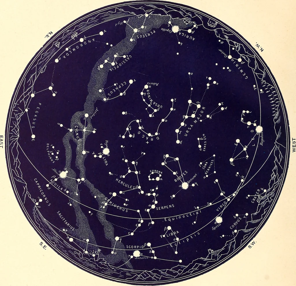 An illustration from The constellations and how to find them; 13 maps, showing the position of the constellations in the sky during each month of any year. A popular and simple guide to a knowledge of the starry heavens, with introduction, general explanations, and a separate description of each map, 1887, leaf 49
