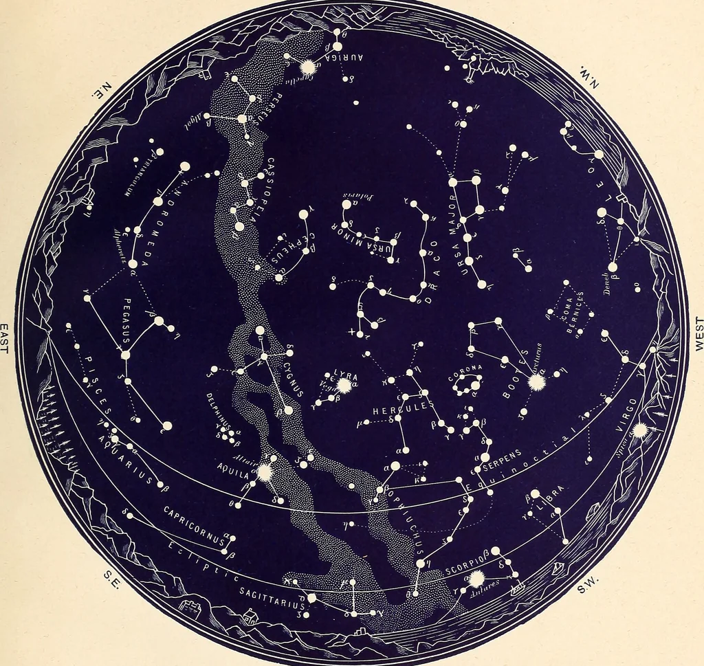 An illustration from The constellations and how to find them; 13 maps, showing the position of the constellations in the sky during each month of any year. A popular and simple guide to a knowledge of the starry heavens, with introduction, general explanations, and a separate description of each map, 1887, leaf 52