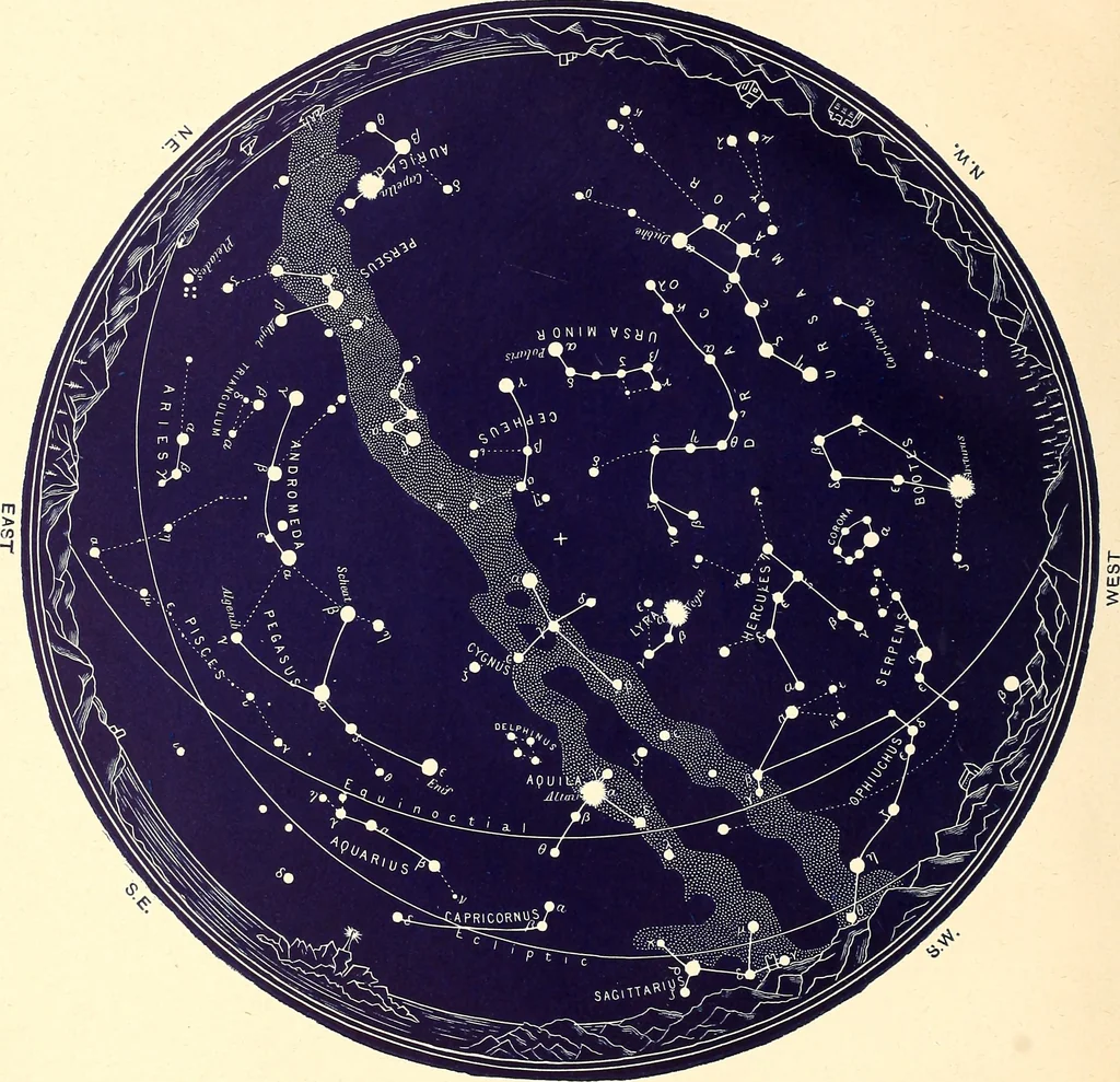 An illustration from The constellations and how to find them; 13 maps, showing the position of the constellations in the sky during each month of any year. A popular and simple guide to a knowledge of the starry heavens, with introduction, general explanations, and a separate description of each map, 1887, leaf 55