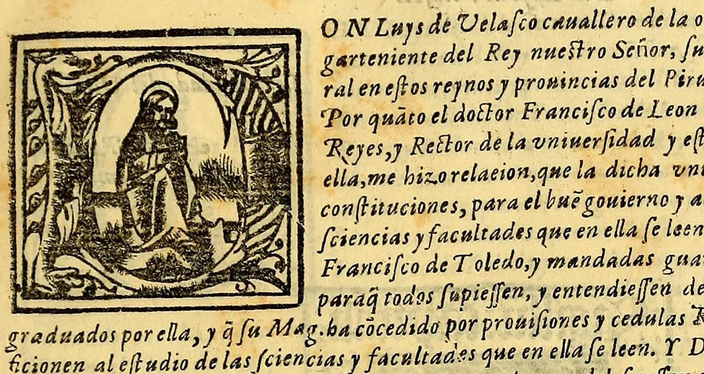 An illustration from Constituciones añadidas por los virreyes, Marques de Montesclaros, y Principe de Esquilache, : a las que hizo el virrey don Francisco de Toledo para la Real Vniuersidad, y Estudio General de San Marcos de la Ciudad de los Reyes del Piru. Confirmadas, y declaradas por el rey nuestro señor don Felipe Quarto, en su Consejo Real de las Indias, 1624, leaf 7