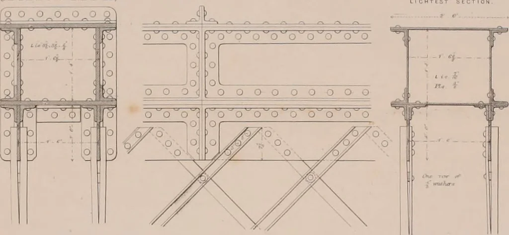An illustration from The construction of wrought iron bridges: embracing the practical application of the principles of mechanics to wrought iron girder work, 1858, leaf 217
