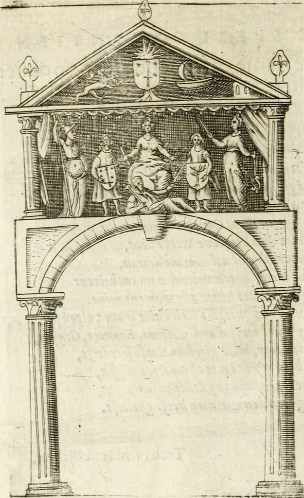 An illustration from Const-thoonende juweel, by de loflijcke stadt Haerlem, ten versoecke van Trou moet blijcken, in't licht gebracht : waer inne duydelick verclaert ende verthoont wordt alles wat den mensche mach wecken om den armen te troosten, ende zijnen naesten by te staen : in tvvaelf spelen van sinne, soo veel intreden, refereynen ende liedekens ghestelt in redenrijck naer de volgende voorgegevene caerte van 'tSpeel-korenken, 1607, leaf 11