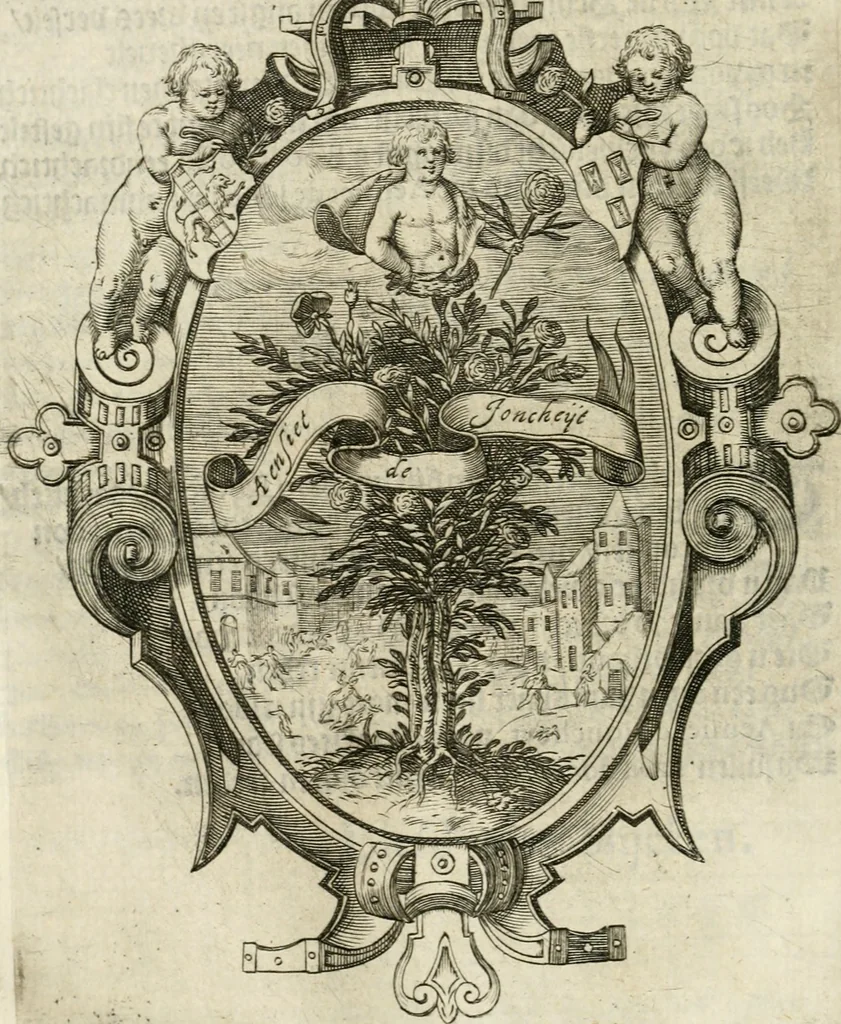 An illustration from Const-thoonende juweel, by de loflijcke stadt Haerlem, ten versoecke van Trou moet blijcken, in't licht gebracht : waer inne duydelick verclaert ende verthoont wordt alles wat den mensche mach wecken om den armen te troosten, ende zijnen naesten by te staen : in tvvaelf spelen van sinne, soo veel intreden, refereynen ende liedekens ghestelt in redenrijck naer de volgende voorgegevene caerte van 'tSpeel-korenken, 1607, leaf 115
