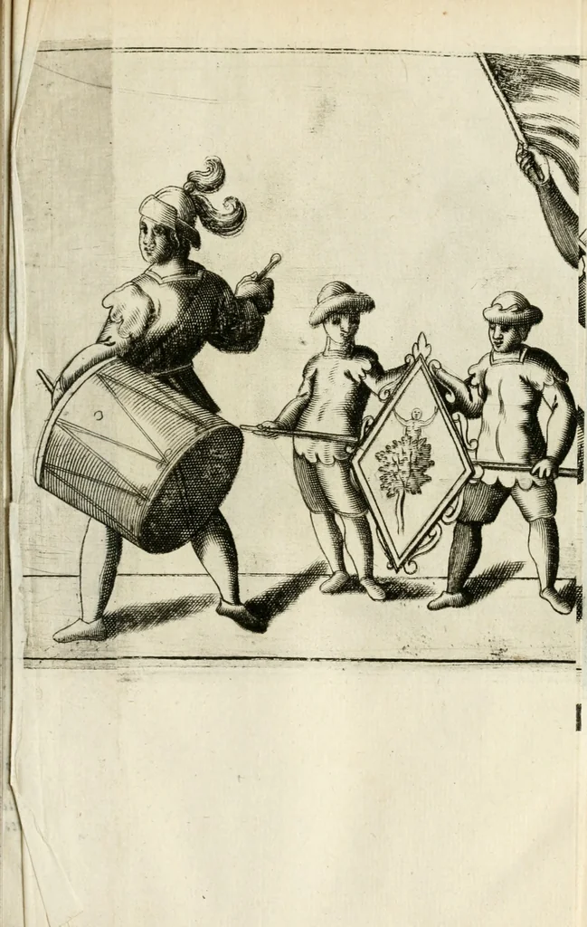 An illustration from Const-thoonende juweel, by de loflijcke stadt Haerlem, ten versoecke van Trou moet blijcken, in't licht gebracht : waer inne duydelick verclaert ende verthoont wordt alles wat den mensche mach wecken om den armen te troosten, ende zijnen naesten by te staen : in tvvaelf spelen van sinne, soo veel intreden, refereynen ende liedekens ghestelt in redenrijck naer de volgende voorgegevene caerte van 'tSpeel-korenken, 1607, leaf 116