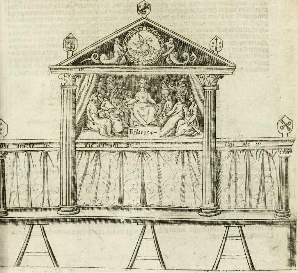 An illustration from Const-thoonende juweel, by de loflijcke stadt Haerlem, ten versoecke van Trou moet blijcken, in't licht gebracht : waer inne duydelick verclaert ende verthoont wordt alles wat den mensche mach wecken om den armen te troosten, ende zijnen naesten by te staen : in tvvaelf spelen van sinne, soo veel intreden, refereynen ende liedekens ghestelt in redenrijck naer de volgende voorgegevene caerte van 'tSpeel-korenken, 1607, leaf 12
