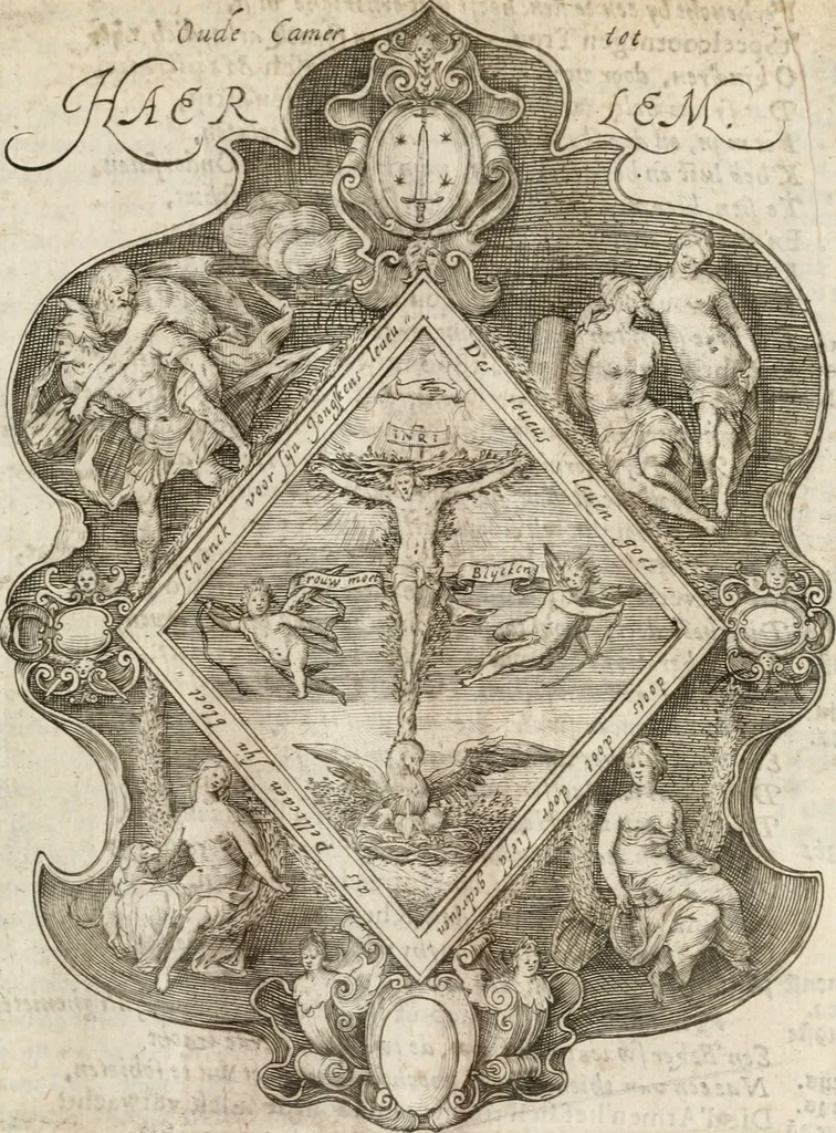 An illustration from Const-thoonende juweel, by de loflijcke stadt Haerlem, ten versoecke van Trou moet blijcken, in't licht gebracht : waer inne duydelick verclaert ende verthoont wordt alles wat den mensche mach wecken om den armen te troosten, ende zijnen naesten by te staen : in tvvaelf spelen van sinne, soo veel intreden, refereynen ende liedekens ghestelt in redenrijck naer de volgende voorgegevene caerte van 'tSpeel-korenken, 1607, leaf 16