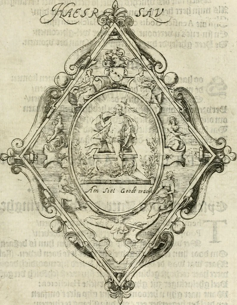 An illustration from Const-thoonende juweel, by de loflijcke stadt Haerlem, ten versoecke van Trou moet blijcken, in't licht gebracht : waer inne duydelick verclaert ende verthoont wordt alles wat den mensche mach wecken om den armen te troosten, ende zijnen naesten by te staen : in tvvaelf spelen van sinne, soo veel intreden, refereynen ende liedekens ghestelt in redenrijck naer de volgende voorgegevene caerte van 'tSpeel-korenken, 1607, leaf 160