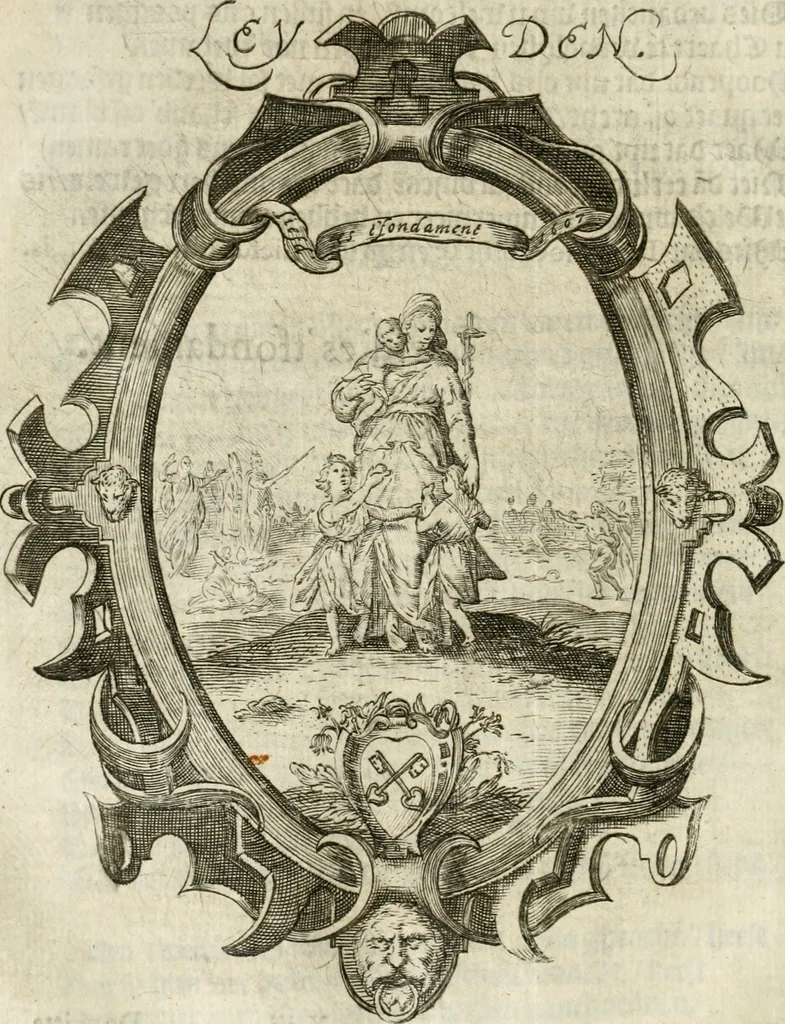 An illustration from Const-thoonende juweel, by de loflijcke stadt Haerlem, ten versoecke van Trou moet blijcken, in't licht gebracht : waer inne duydelick verclaert ende verthoont wordt alles wat den mensche mach wecken om den armen te troosten, ende zijnen naesten by te staen : in tvvaelf spelen van sinne, soo veel intreden, refereynen ende liedekens ghestelt in redenrijck naer de volgende voorgegevene caerte van 'tSpeel-korenken, 1607, leaf 201