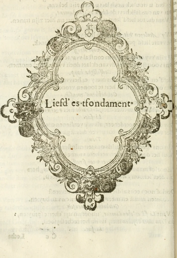 An illustration from Const-thoonende juweel, by de loflijcke stadt Haerlem, ten versoecke van Trou moet blijcken, in't licht gebracht : waer inne duydelick verclaert ende verthoont wordt alles wat den mensche mach wecken om den armen te troosten, ende zijnen naesten by te staen : in tvvaelf spelen van sinne, soo veel intreden, refereynen ende liedekens ghestelt in redenrijck naer de volgende voorgegevene caerte van 'tSpeel-korenken, 1607, leaf 239