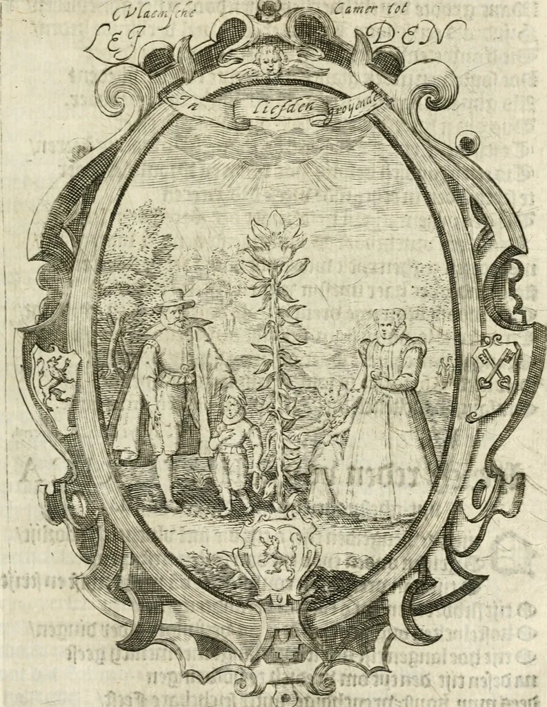 An illustration from Const-thoonende juweel, by de loflijcke stadt Haerlem, ten versoecke van Trou moet blijcken, in't licht gebracht : waer inne duydelick verclaert ende verthoont wordt alles wat den mensche mach wecken om den armen te troosten, ende zijnen naesten by te staen : in tvvaelf spelen van sinne, soo veel intreden, refereynen ende liedekens ghestelt in redenrijck naer de volgende voorgegevene caerte van 'tSpeel-korenken, 1607, leaf 24