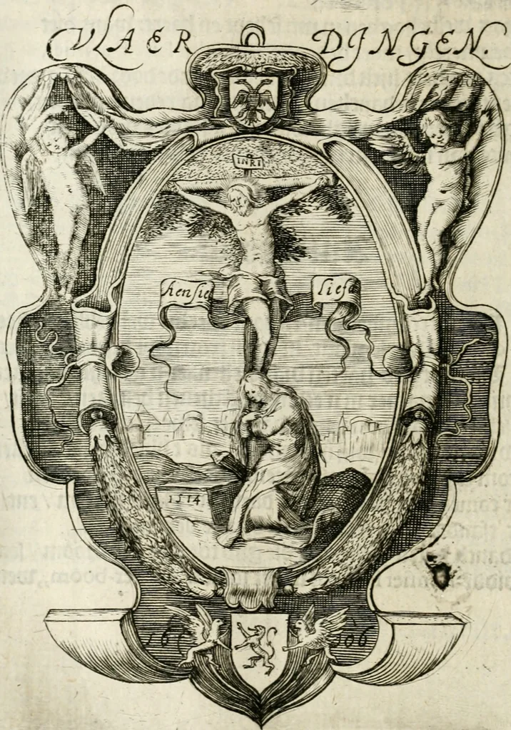 An illustration from Const-thoonende juweel, by de loflijcke stadt Haerlem, ten versoecke van Trou moet blijcken, in't licht gebracht : waer inne duydelick verclaert ende verthoont wordt alles wat den mensche mach wecken om den armen te troosten, ende zijnen naesten by te staen : in tvvaelf spelen van sinne, soo veel intreden, refereynen ende liedekens ghestelt in redenrijck naer de volgende voorgegevene caerte van 'tSpeel-korenken, 1607, leaf 245