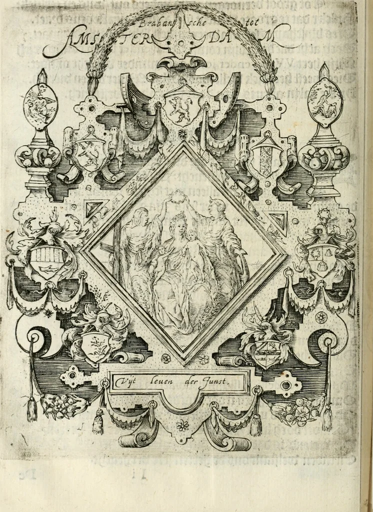 An illustration from Const-thoonende juweel, by de loflijcke stadt Haerlem, ten versoecke van Trou moet blijcken, in't licht gebracht : waer inne duydelick verclaert ende verthoont wordt alles wat den mensche mach wecken om den armen te troosten, ende zijnen naesten by te staen : in tvvaelf spelen van sinne, soo veel intreden, refereynen ende liedekens ghestelt in redenrijck naer de volgende voorgegevene caerte van 'tSpeel-korenken, 1607, leaf 289