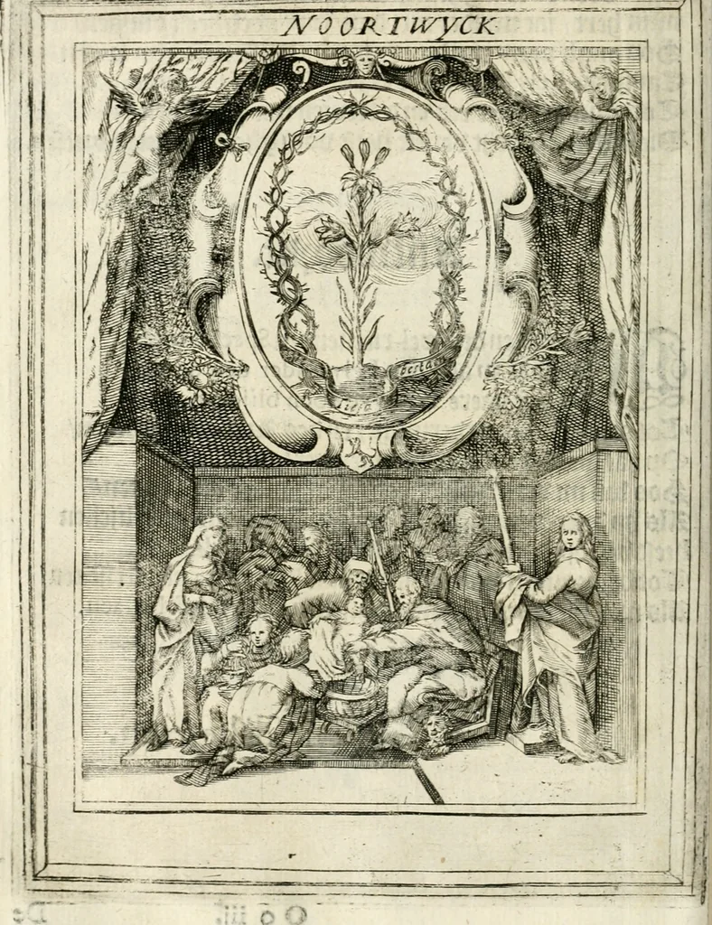 An illustration from Const-thoonende juweel, by de loflijcke stadt Haerlem, ten versoecke van Trou moet blijcken, in't licht gebracht : waer inne duydelick verclaert ende verthoont wordt alles wat den mensche mach wecken om den armen te troosten, ende zijnen naesten by te staen : in tvvaelf spelen van sinne, soo veel intreden, refereynen ende liedekens ghestelt in redenrijck naer de volgende voorgegevene caerte van 'tSpeel-korenken, 1607, leaf 335