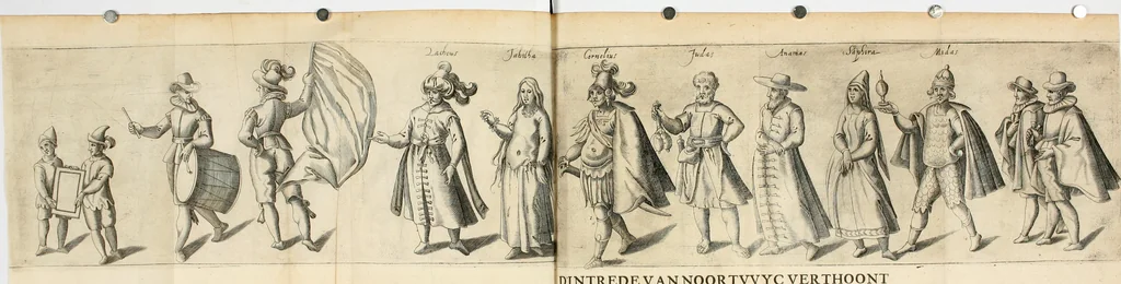 An illustration from Const-thoonende juweel, by de loflijcke stadt Haerlem, ten versoecke van Trou moet blijcken, in't licht gebracht : waer inne duydelick verclaert ende verthoont wordt alles wat den mensche mach wecken om den armen te troosten, ende zijnen naesten by te staen : in tvvaelf spelen van sinne, soo veel intreden, refereynen ende liedekens ghestelt in redenrijck naer de volgende voorgegevene caerte van 'tSpeel-korenken, 1607, leaf 337
