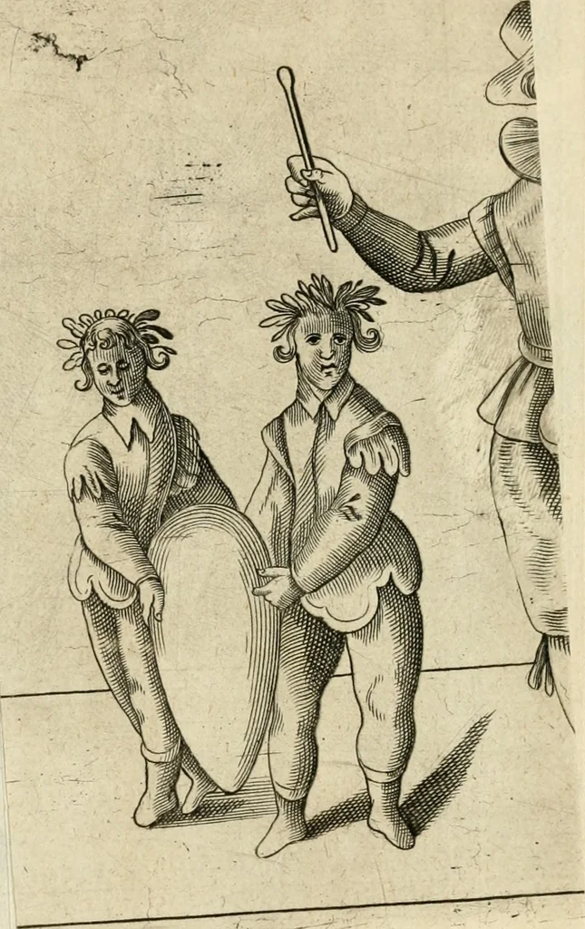 An illustration from Const-thoonende juweel, by de loflijcke stadt Haerlem, ten versoecke van Trou moet blijcken, in't licht gebracht : waer inne duydelick verclaert ende verthoont wordt alles wat den mensche mach wecken om den armen te troosten, ende zijnen naesten by te staen : in tvvaelf spelen van sinne, soo veel intreden, refereynen ende liedekens ghestelt in redenrijck naer de volgende voorgegevene caerte van 'tSpeel-korenken, 1607, leaf 378