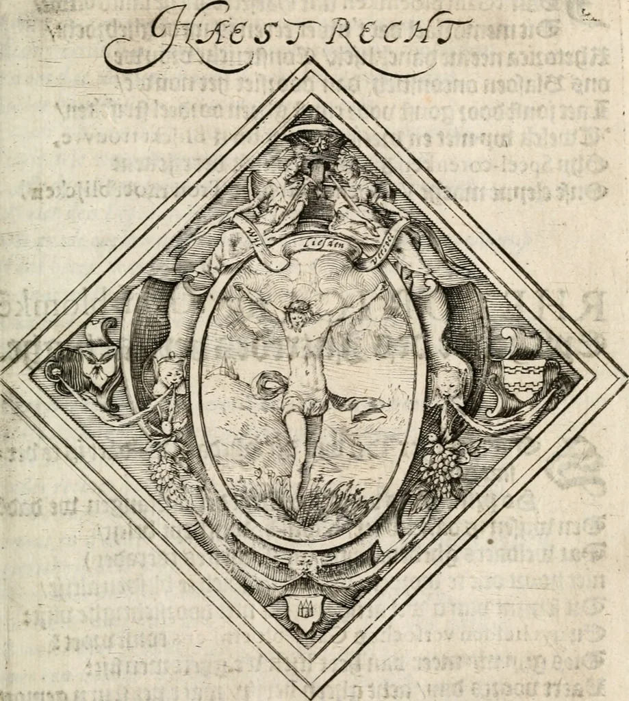 An illustration from Const-thoonende juweel, by de loflijcke stadt Haerlem, ten versoecke van Trou moet blijcken, in't licht gebracht : waer inne duydelick verclaert ende verthoont wordt alles wat den mensche mach wecken om den armen te troosten, ende zijnen naesten by te staen : in tvvaelf spelen van sinne, soo veel intreden, refereynen ende liedekens ghestelt in redenrijck naer de volgende voorgegevene caerte van 'tSpeel-korenken, 1607, leaf 380
