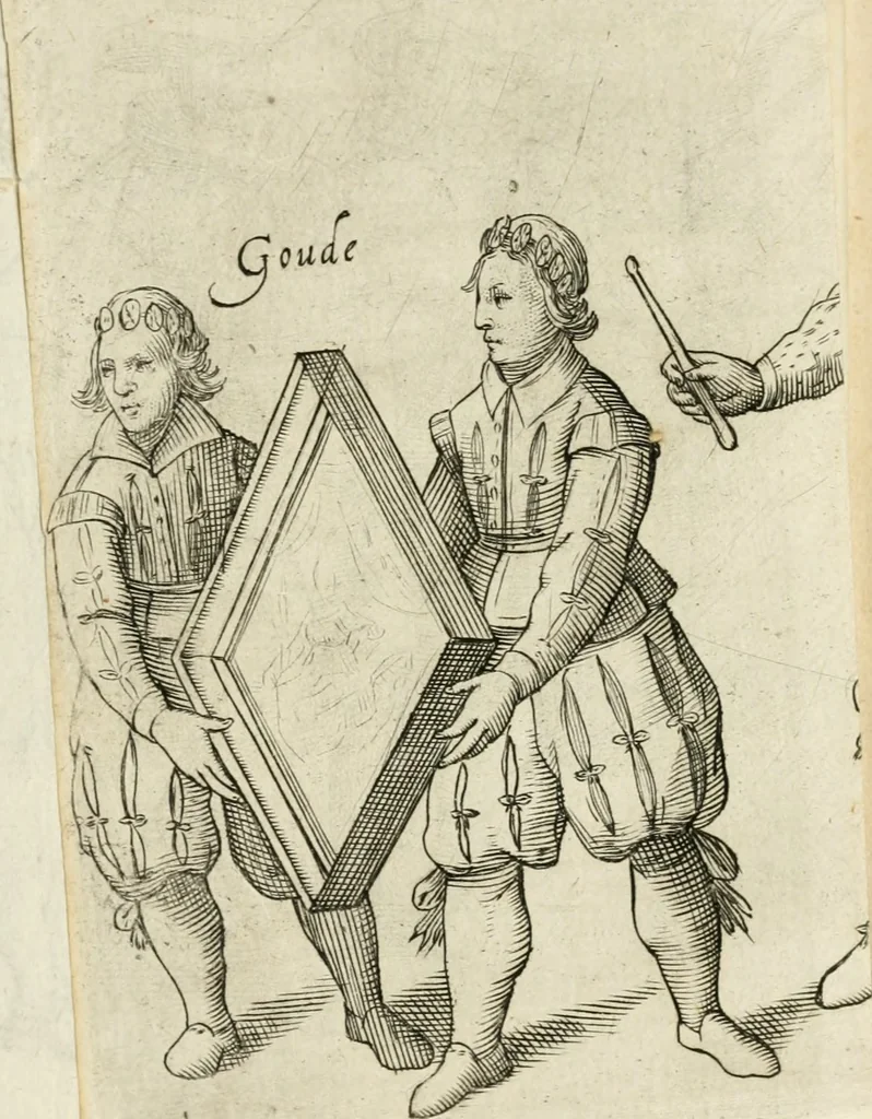 An illustration from Const-thoonende juweel, by de loflijcke stadt Haerlem, ten versoecke van Trou moet blijcken, in't licht gebracht : waer inne duydelick verclaert ende verthoont wordt alles wat den mensche mach wecken om den armen te troosten, ende zijnen naesten by te staen : in tvvaelf spelen van sinne, soo veel intreden, refereynen ende liedekens ghestelt in redenrijck naer de volgende voorgegevene caerte van 'tSpeel-korenken, 1607, leaf 422