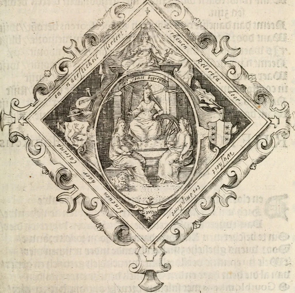 An illustration from Const-thoonende juweel, by de loflijcke stadt Haerlem, ten versoecke van Trou moet blijcken, in't licht gebracht : waer inne duydelick verclaert ende verthoont wordt alles wat den mensche mach wecken om den armen te troosten, ende zijnen naesten by te staen : in tvvaelf spelen van sinne, soo veel intreden, refereynen ende liedekens ghestelt in redenrijck naer de volgende voorgegevene caerte van 'tSpeel-korenken, 1607, leaf 424