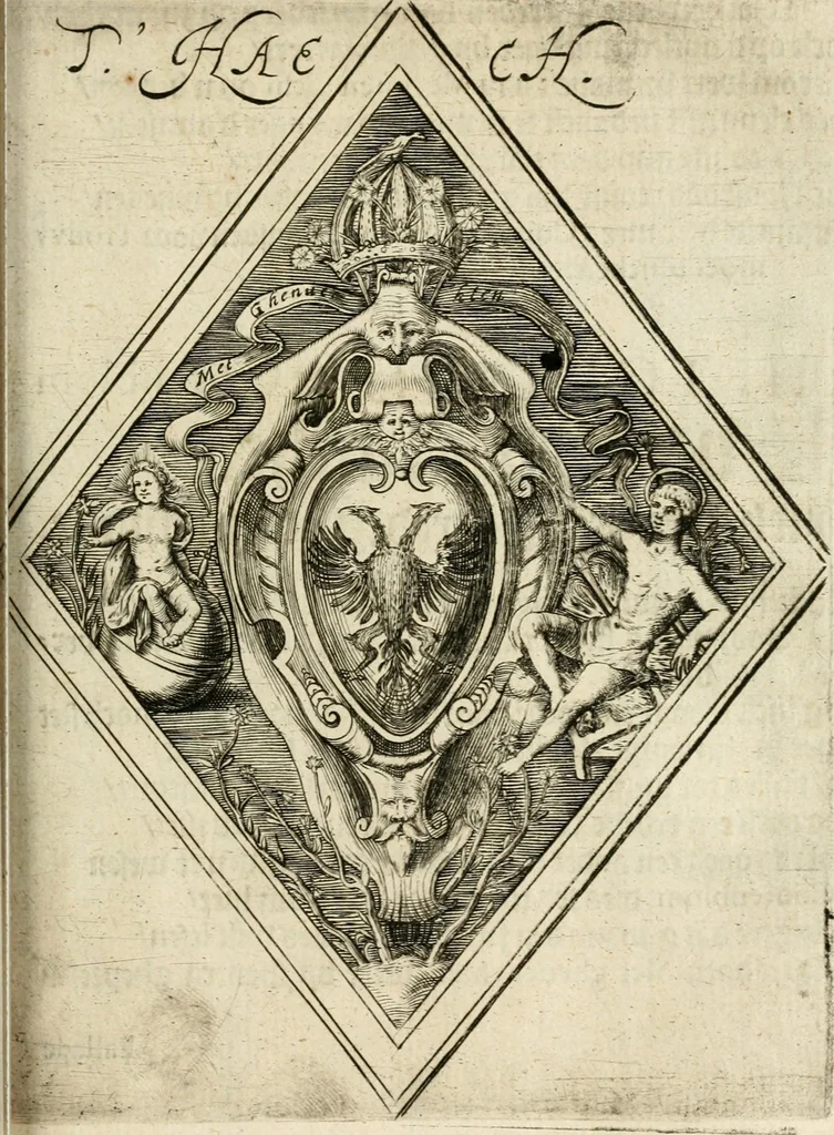 An illustration from Const-thoonende juweel, by de loflijcke stadt Haerlem, ten versoecke van Trou moet blijcken, in't licht gebracht : waer inne duydelick verclaert ende verthoont wordt alles wat den mensche mach wecken om den armen te troosten, ende zijnen naesten by te staen : in tvvaelf spelen van sinne, soo veel intreden, refereynen ende liedekens ghestelt in redenrijck naer de volgende voorgegevene caerte van 'tSpeel-korenken, 1607, leaf 466