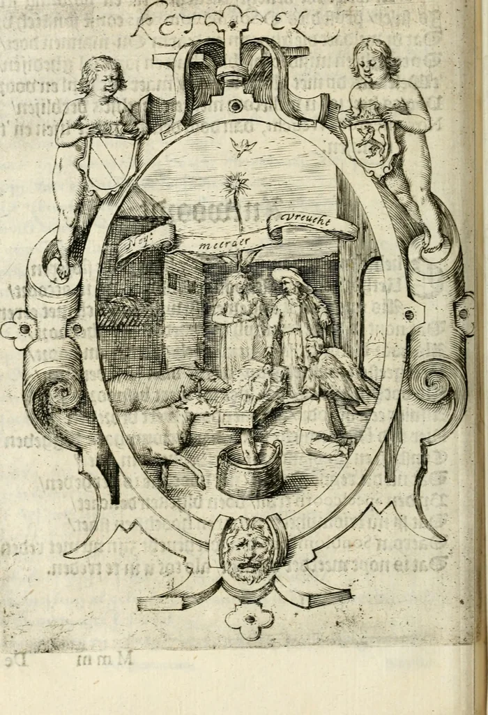 An illustration from Const-thoonende juweel, by de loflijcke stadt Haerlem, ten versoecke van Trou moet blijcken, in't licht gebracht : waer inne duydelick verclaert ende verthoont wordt alles wat den mensche mach wecken om den armen te troosten, ende zijnen naesten by te staen : in tvvaelf spelen van sinne, soo veel intreden, refereynen ende liedekens ghestelt in redenrijck naer de volgende voorgegevene caerte van 'tSpeel-korenken, 1607, leaf 507
