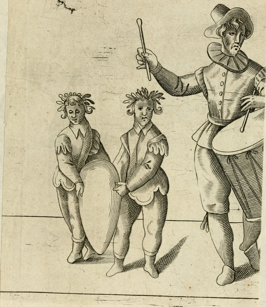 An illustration from Const-thoonende juweel, by de loflijcke stadt Haerlem, ten versoecke van Trou moet blijcken, in't licht gebracht : waer inne duydelick verclaert ende verthoont wordt alles wat den mensche mach wecken om den armen te troosten, ende zijnen naesten by te staen : in tvvaelf spelen van sinne, soo veel intreden, refereynen ende liedekens ghestelt in redenrijck naer de volgende voorgegevene caerte van 'tSpeel-korenken, 1607, leaf 508