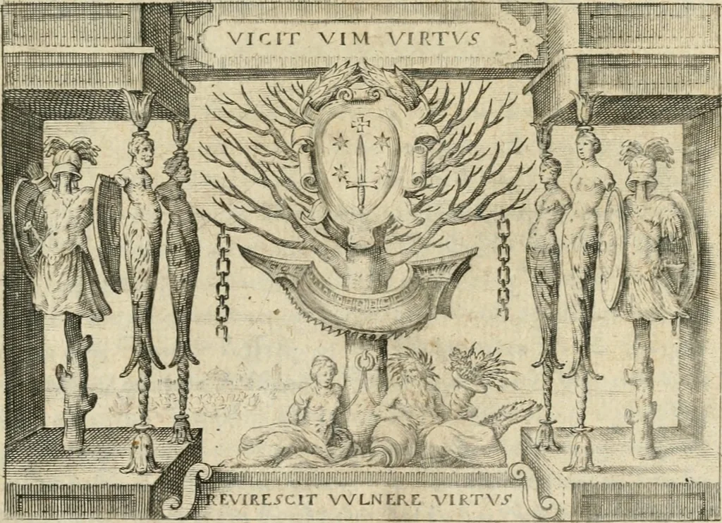 An illustration from Const-thoonende juweel, by de loflijcke stadt Haerlem, ten versoecke van Trou moet blijcken, in't licht gebracht : waer inne duydelick verclaert ende verthoont wordt alles wat den mensche mach wecken om den armen te troosten, ende zijnen naesten by te staen : in tvvaelf spelen van sinne, soo veel intreden, refereynen ende liedekens ghestelt in redenrijck naer de volgende voorgegevene caerte van 'tSpeel-korenken, 1607, leaf 6