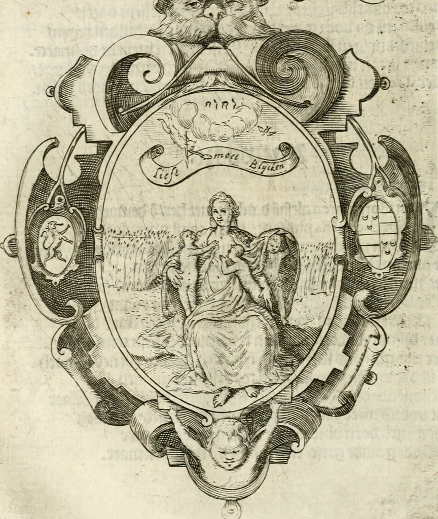An illustration from Const-thoonende juweel, by de loflijcke stadt Haerlem, ten versoecke van Trou moet blijcken, in't licht gebracht : waer inne duydelick verclaert ende verthoont wordt alles wat den mensche mach wecken om den armen te troosten, ende zijnen naesten by te staen : in tvvaelf spelen van sinne, soo veel intreden, refereynen ende liedekens ghestelt in redenrijck naer de volgende voorgegevene caerte van 'tSpeel-korenken, 1607, leaf 65