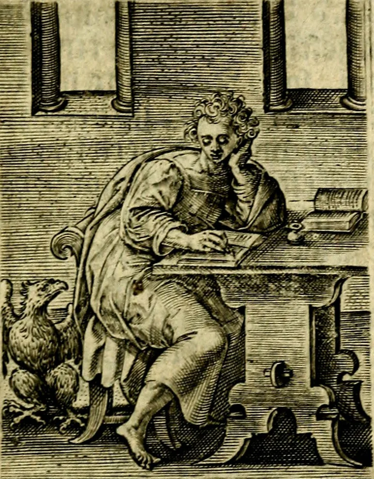 An illustration from Const-toonneel, inhoudende de beschrijvinghe ende XL. heerlijcke afbeeldindinghen onses Heeren Jesu Christi, met sijne apostelen, ende evangelisten, midtsgaders de hooft-deuchden ende ondeuchden. Ende ten laetsten de seven planeten. In coper gesneden door Johannis Wierix. De beschrijvinge is vergadert wt de H. Schrift ende soander soermaerde autheuren tot stichtinghe ende soermakinghe aller menschen, door N.D.C, 1609, leaf 56