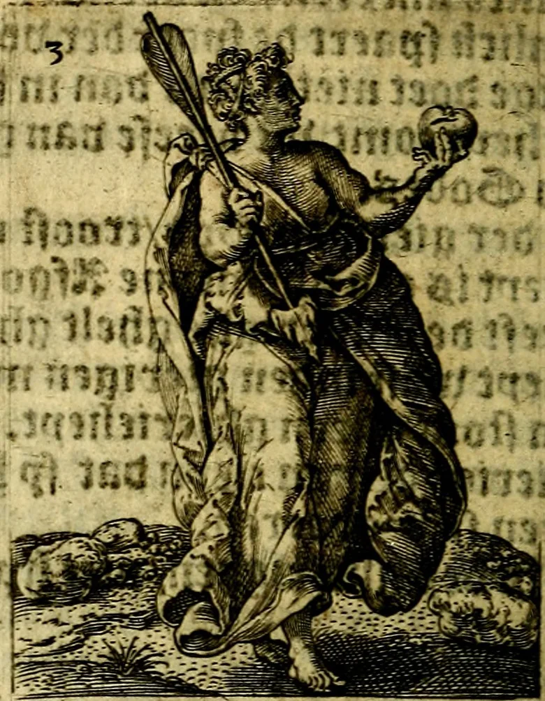An illustration from Const-toonneel, inhoudende de beschrijvinghe ende XL. heerlijcke afbeeldindinghen onses Heeren Jesu Christi, met sijne apostelen, ende evangelisten, midtsgaders de hooft-deuchden ende ondeuchden. Ende ten laetsten de seven planeten. In coper gesneden door Johannis Wierix. De beschrijvinge is vergadert wt de H. Schrift ende soander soermaerde autheuren tot stichtinghe ende soermakinghe aller menschen, door N.D.C, 1609, leaf 81