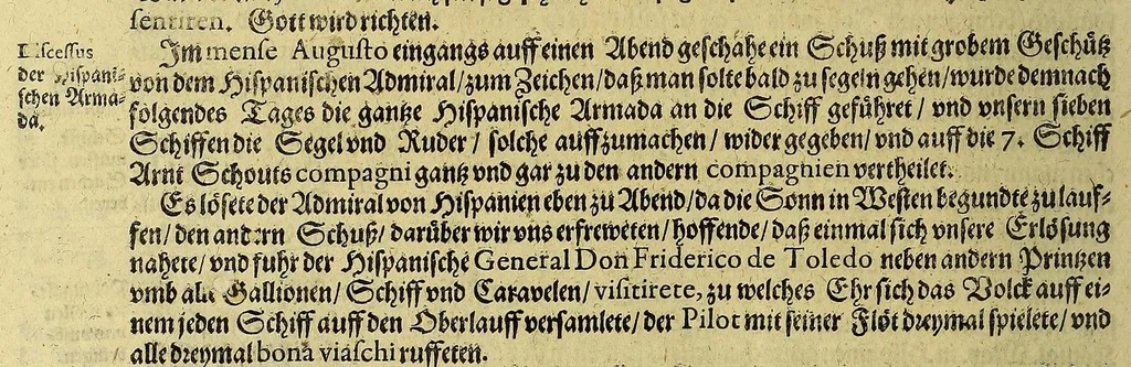 An illustration from Continuatio Americae, das ist: Forsetzung der Historien von der Newen Welt, oder Nidergängischen Indien, waran es auff diese Zeit noch anhero ermangelt. : Darinnen erstlich ein sattsame vnd gründtliche Beschreibung dess Newen Engellandts, welches die Englische das new erfundene Landt nennen, so bisscher noch nicht an Tag kommen. Zum andern, ein aussführlichere Erzehlung von Beschaffenheit der Landtschafften Virginia, Brasilia, Guiana, vnd Insul Bermuda, deren man bisshero schlechte vnd vnvollkommene Wissenschafft gehabt. Drittens, gantz newer aber doch warhafftiger Bericht, von dem bissher noch vnerkanten grossen Theil dess Erdekreises, Terra Australis oder Incognita, daruon noch in keiner Reise Schiffarth meldung beschehen. Sampt allem dem jenigen, was in einer vnd andern beschriebenen Landtschafft, nichts auss gescheiden, denckwürdigs zu sehen, vnd mit Luft vnd Verwunderung anzuhören. Am Ende ist vmb Gleichheit der Materien willen, hierbey gefügt ein weitläufftiger Discurs, wie die Statt S. Saluator vnnd Baia in gewunnen worden. Alles mit beygefügten Kupfferstücken vnd zu gehörigen gantz newen luftigen Landtschafften, erläutert vnd geziert, auch biss auff das 1627. Jahr continuirt, 1627, leaf 138
