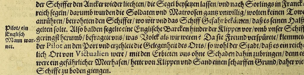 An illustration from Continuatio Americae, das ist: Forsetzung der Historien von der Newen Welt, oder Nidergängischen Indien, waran es auff diese Zeit noch anhero ermangelt. : Darinnen erstlich ein sattsame vnd gründtliche Beschreibung dess Newen Engellandts, welches die Englische das new erfundene Landt nennen, so bisscher noch nicht an Tag kommen. Zum andern, ein aussführlichere Erzehlung von Beschaffenheit der Landtschafften Virginia, Brasilia, Guiana, vnd Insul Bermuda, deren man bisshero schlechte vnd vnvollkommene Wissenschafft gehabt. Drittens, gantz newer aber doch warhafftiger Bericht, von dem bissher noch vnerkanten grossen Theil dess Erdekreises, Terra Australis oder Incognita, daruon noch in keiner Reise Schiffarth meldung beschehen. Sampt allem dem jenigen, was in einer vnd andern beschriebenen Landtschafft, nichts auss gescheiden, denckwürdigs zu sehen, vnd mit Luft vnd Verwunderung anzuhören. Am Ende ist vmb Gleichheit der Materien willen, hierbey gefügt ein weitläufftiger Discurs, wie die Statt S. Saluator vnnd Baia in gewunnen worden. Alles mit beygefügten Kupfferstücken vnd zu gehörigen gantz newen luftigen Landtschafften, erläutert vnd geziert, auch biss auff das 1627. Jahr continuirt, 1627, leaf 140