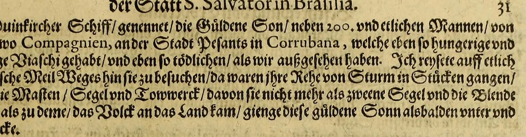 An illustration from Continuatio Americae, das ist: Forsetzung der Historien von der Newen Welt, oder Nidergängischen Indien, waran es auff diese Zeit noch anhero ermangelt. : Darinnen erstlich ein sattsame vnd gründtliche Beschreibung dess Newen Engellandts, welches die Englische das new erfundene Landt nennen, so bisscher noch nicht an Tag kommen. Zum andern, ein aussführlichere Erzehlung von Beschaffenheit der Landtschafften Virginia, Brasilia, Guiana, vnd Insul Bermuda, deren man bisshero schlechte vnd vnvollkommene Wissenschafft gehabt. Drittens, gantz newer aber doch warhafftiger Bericht, von dem bissher noch vnerkanten grossen Theil dess Erdekreises, Terra Australis oder Incognita, daruon noch in keiner Reise Schiffarth meldung beschehen. Sampt allem dem jenigen, was in einer vnd andern beschriebenen Landtschafft, nichts auss gescheiden, denckwürdigs zu sehen, vnd mit Luft vnd Verwunderung anzuhören. Am Ende ist vmb Gleichheit der Materien willen, hierbey gefügt ein weitläufftiger Discurs, wie die Statt S. Saluator vnnd Baia in gewunnen worden. Alles mit beygefügten Kupfferstücken vnd zu gehörigen gantz newen luftigen Landtschafften, erläutert vnd geziert, auch biss auff das 1627. Jahr continuirt, 1627, leaf 141