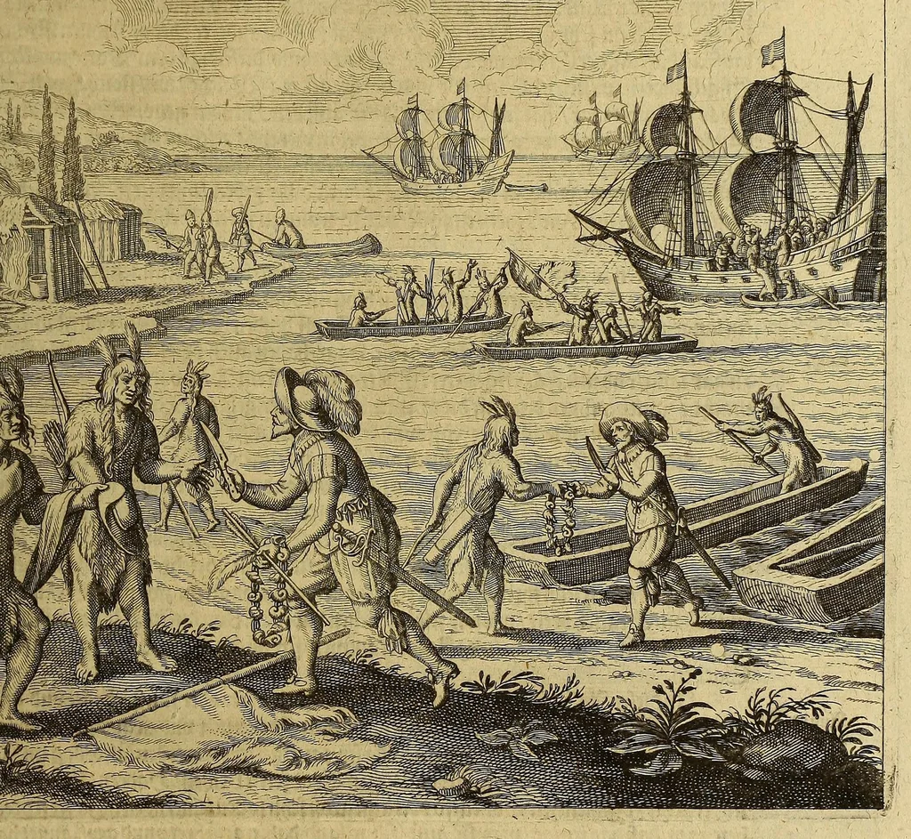 An illustration from Continuatio Americae, das ist: Forsetzung der Historien von der Newen Welt, oder Nidergängischen Indien, waran es auff diese Zeit noch anhero ermangelt. : Darinnen erstlich ein sattsame vnd gründtliche Beschreibung dess Newen Engellandts, welches die Englische das new erfundene Landt nennen, so bisscher noch nicht an Tag kommen. Zum andern, ein aussführlichere Erzehlung von Beschaffenheit der Landtschafften Virginia, Brasilia, Guiana, vnd Insul Bermuda, deren man bisshero schlechte vnd vnvollkommene Wissenschafft gehabt. Drittens, gantz newer aber doch warhafftiger Bericht, von dem bissher noch vnerkanten grossen Theil dess Erdekreises, Terra Australis oder Incognita, daruon noch in keiner Reise Schiffarth meldung beschehen. Sampt allem dem jenigen, was in einer vnd andern beschriebenen Landtschafft, nichts auss gescheiden, denckwürdigs zu sehen, vnd mit Luft vnd Verwunderung anzuhören. Am Ende ist vmb Gleichheit der Materien willen, hierbey gefügt ein weitläufftiger Discurs, wie die Statt S. Saluator vnnd Baia in gewunnen worden. Alles mit beygefügten Kupfferstücken vnd zu gehörigen gantz newen luftigen Landtschafften, erläutert vnd geziert, auch biss auff das 1627. Jahr continuirt, 1627, leaf 19