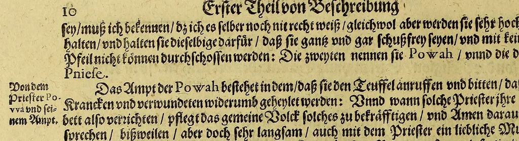 An illustration from Continuatio Americae, das ist: Forsetzung der Historien von der Newen Welt, oder Nidergängischen Indien, waran es auff diese Zeit noch anhero ermangelt. : Darinnen erstlich ein sattsame vnd gründtliche Beschreibung dess Newen Engellandts, welches die Englische das new erfundene Landt nennen, so bisscher noch nicht an Tag kommen. Zum andern, ein aussführlichere Erzehlung von Beschaffenheit der Landtschafften Virginia, Brasilia, Guiana, vnd Insul Bermuda, deren man bisshero schlechte vnd vnvollkommene Wissenschafft gehabt. Drittens, gantz newer aber doch warhafftiger Bericht, von dem bissher noch vnerkanten grossen Theil dess Erdekreises, Terra Australis oder Incognita, daruon noch in keiner Reise Schiffarth meldung beschehen. Sampt allem dem jenigen, was in einer vnd andern beschriebenen Landtschafft, nichts auss gescheiden, denckwürdigs zu sehen, vnd mit Luft vnd Verwunderung anzuhören. Am Ende ist vmb Gleichheit der Materien willen, hierbey gefügt ein weitläufftiger Discurs, wie die Statt S. Saluator vnnd Baia in gewunnen worden. Alles mit beygefügten Kupfferstücken vnd zu gehörigen gantz newen luftigen Landtschafften, erläutert vnd geziert, auch biss auff das 1627. Jahr continuirt, 1627, leaf 22