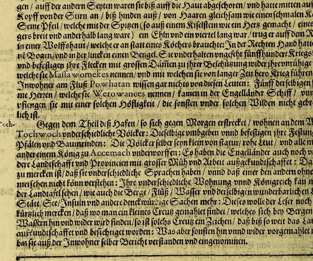 An illustration from Continuatio Americae, das ist: Forsetzung der Historien von der Newen Welt, oder Nidergängischen Indien, waran es auff diese Zeit noch anhero ermangelt. : Darinnen erstlich ein sattsame vnd gründtliche Beschreibung dess Newen Engellandts, welches die Englische das new erfundene Landt nennen, so bisscher noch nicht an Tag kommen. Zum andern, ein aussführlichere Erzehlung von Beschaffenheit der Landtschafften Virginia, Brasilia, Guiana, vnd Insul Bermuda, deren man bisshero schlechte vnd vnvollkommene Wissenschafft gehabt. Drittens, gantz newer aber doch warhafftiger Bericht, von dem bissher noch vnerkanten grossen Theil dess Erdekreises, Terra Australis oder Incognita, daruon noch in keiner Reise Schiffarth meldung beschehen. Sampt allem dem jenigen, was in einer vnd andern beschriebenen Landtschafft, nichts auss gescheiden, denckwürdigs zu sehen, vnd mit Luft vnd Verwunderung anzuhören. Am Ende ist vmb Gleichheit der Materien willen, hierbey gefügt ein weitläufftiger Discurs, wie die Statt S. Saluator vnnd Baia in gewunnen worden. Alles mit beygefügten Kupfferstücken vnd zu gehörigen gantz newen luftigen Landtschafften, erläutert vnd geziert, auch biss auff das 1627. Jahr continuirt, 1627, leaf 36