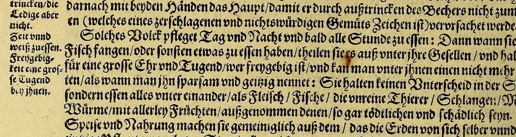 An illustration from Continuatio Americae, das ist: Forsetzung der Historien von der Newen Welt, oder Nidergängischen Indien, waran es auff diese Zeit noch anhero ermangelt. : Darinnen erstlich ein sattsame vnd gründtliche Beschreibung dess Newen Engellandts, welches die Englische das new erfundene Landt nennen, so bisscher noch nicht an Tag kommen. Zum andern, ein aussführlichere Erzehlung von Beschaffenheit der Landtschafften Virginia, Brasilia, Guiana, vnd Insul Bermuda, deren man bisshero schlechte vnd vnvollkommene Wissenschafft gehabt. Drittens, gantz newer aber doch warhafftiger Bericht, von dem bissher noch vnerkanten grossen Theil dess Erdekreises, Terra Australis oder Incognita, daruon noch in keiner Reise Schiffarth meldung beschehen. Sampt allem dem jenigen, was in einer vnd andern beschriebenen Landtschafft, nichts auss gescheiden, denckwürdigs zu sehen, vnd mit Luft vnd Verwunderung anzuhören. Am Ende ist vmb Gleichheit der Materien willen, hierbey gefügt ein weitläufftiger Discurs, wie die Statt S. Saluator vnnd Baia in gewunnen worden. Alles mit beygefügten Kupfferstücken vnd zu gehörigen gantz newen luftigen Landtschafften, erläutert vnd geziert, auch biss auff das 1627. Jahr continuirt, 1627, leaf 70